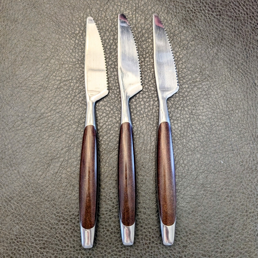 Vintage Viking Forged Stainless Knives Japan 3 Pieces Brown Wood Handle Flatware